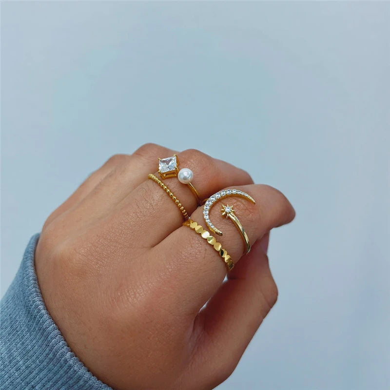 under the sky ring, 925 sterling silver women's ring, resizable, adjustable, moon, star, gold-plated, 18k gold plated, women's hand